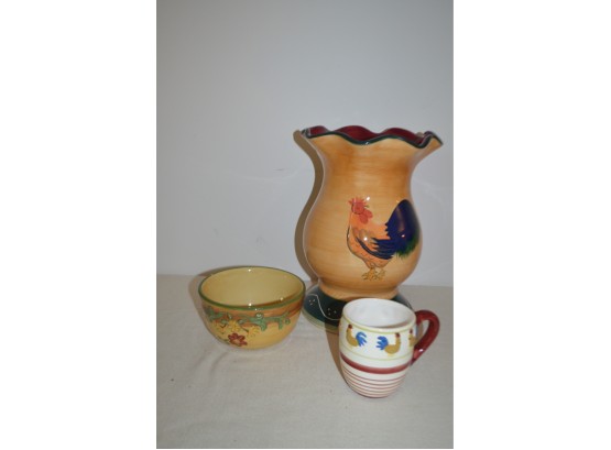 (#70) Ceramic Rooster Vase, Bowl And Mug