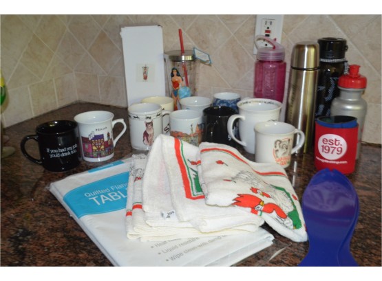 (#94) Assortment Of Mugs And Table Cover