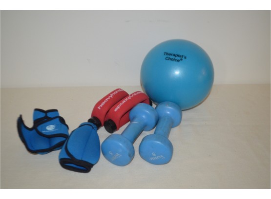 (#48) Exercise Accessories:  Therapy Ball Approx 9',  1lb Weight, 5lb Weights, Wrist 1lb Weights