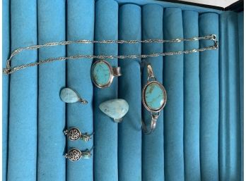 (#26) Sterling Silver Blue Stone Ring, Bangle Bracelet, Pendants (2), Earrings, Necklace