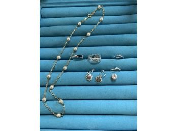 (#27) Sterling Silver Necklace With Pearls, Small Rings (4) Earrings