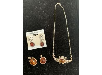 (#24) Sterling Silver And Amber Stones (earrings, Necklace, Pendants (2))