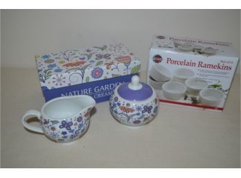 (#64) NEW Porcelain Sugar And Creamer, Set Of 6 Ramekins In Box