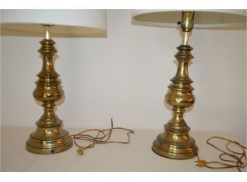 (#41) Brass Table Lamps (2) Same Lamps 2 Different Shades - See Details