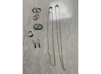 (#25) Sterling Silver Necklaces (2), Earrings (2), Small Size Ring