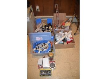 (#54) Large Assortment Of Electric Wires, Tools, Level, Hardware, Light Bulbs, (4 Boxes)