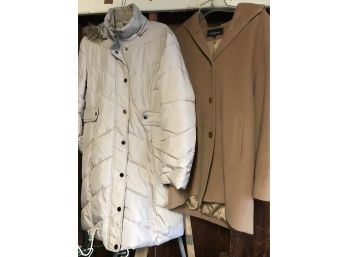 (#122)Women's Coats 1- Size 12P Jones New York Camel Coat With Hood. 2. Size Large Covington Quilted Tan Coat