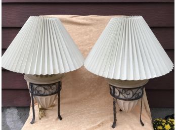 (#112) Set Of Vintage Clay Lamps With Metal Bases, Shades Included