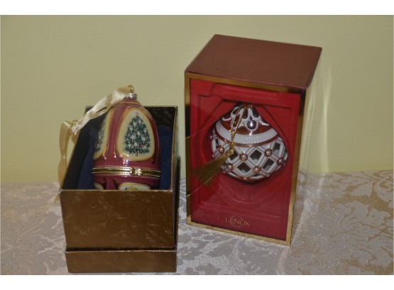 (#6) Christmas Ornaments (2) Musical Egg, Lenox With Pearls In Boxes
