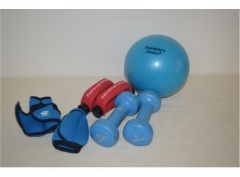 (#48) Exercise Accessories:  Therapy Ball Approx 9',  1lb Weight, 5lb Weights, Wrist 1lb Weights