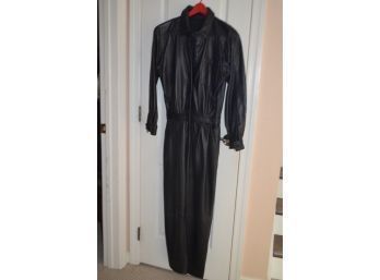 Vintage Black Leather Pleated Waist Jumpsuit Size 6-8 (no Inside Label)