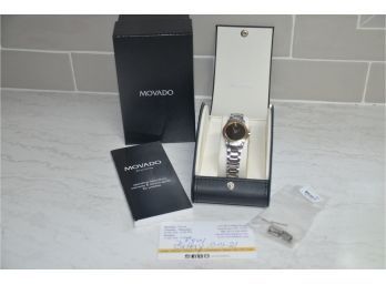(#92) Movado Women Black Face Watch New Battery Extra Links In Box With Booklet