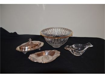 (#67) Crystal 10'R Bowl, Glass Bird Candy Dish, Silver-plate Butter Covered Dish And Tray (4)