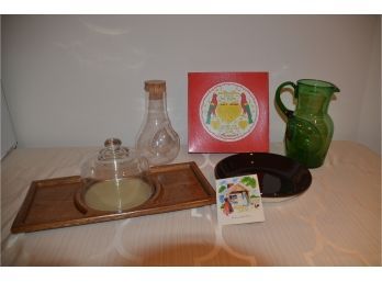(#65) Glass Pitchers (2) Pie Plate, Mirror / Wood Cheese Board With Cover