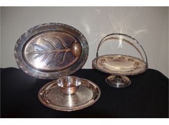 (#74) Silver-plate Pedestal Candy Dish, Turkey Server Platter, Chip And Dip (3 Total Pieces)