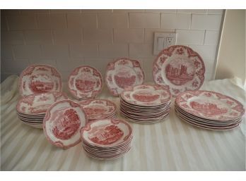 (#22) Johnson Bros. England Cranberry Old Britain Castles Dish Set (have Coffee Cups) Look At All Pictures