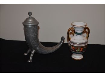 (#83) Decorative Pewter Horn And Greek Vase By Spyropoulos