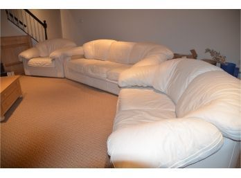 Off White Natuzzi Leather 1980's Sofa Set (sleeper Sofa, Love-seat, Club Chair)