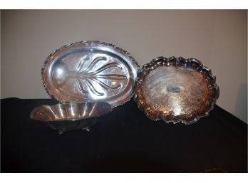 (#78) Silver-plate Serving Trays And Bowl (3 Pieces Total)