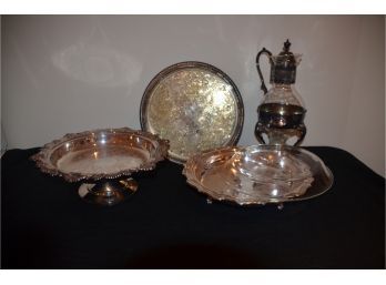 (#73) Serving Silver-plate (2) Pedestal Footed Bowl, One With Pyrex Insert, Tray, Coffee Kafe (4 Total Pieces)