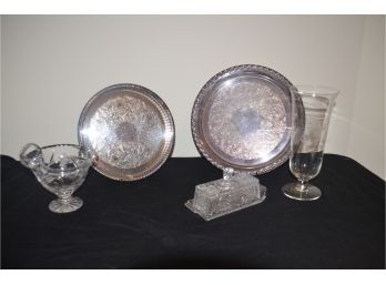 (#68) Silver Plate Serving Trays (2), Crystal Vase, Covered Butter Dish And Creamer (5)
