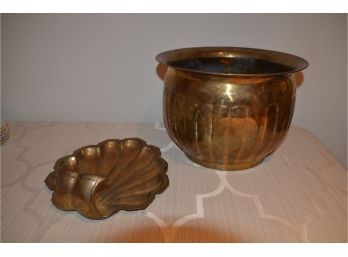 (#35) Brass Planter 8.5'H And Brass Hanging Shell