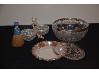 (#70) Silver-plate / Glass Bowl And Tray, Condiment Server, Table Sweeper (4)