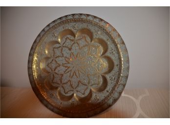 (#37) Vintage Moroccan Engraved Brass Cooper Serving Tray Decorative Wall Plaque 13.75'Round