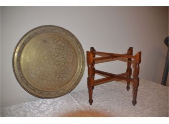 (#38) Vintage 26' Moroccan Brass Engraved Wall Plaque Serving Tray On Folding Stand