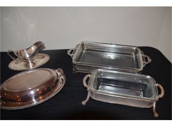 (#71) Casserole Silver-plate Serving Trays With Pyrex Inserts (3) Silver-plate Gravy Server (4 Total)