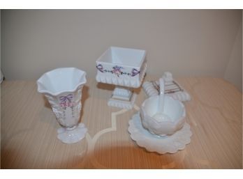 (#60) Milk Glass Vase Floral Accent, Serving Condiment, Covered Compote Floral Accent (3 Pieces Total)