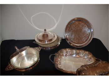 (#72) Silver-plate Covered Casserole Shaving Server Insert Pryrex And Fire King, Tray (4 Total Pieces)