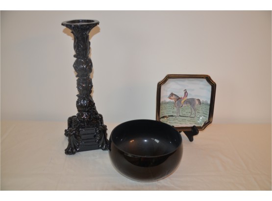 (#49) Resin Candle Stick 16'H, Black Glass Bowl, Decorative Ceramic Plate 8'