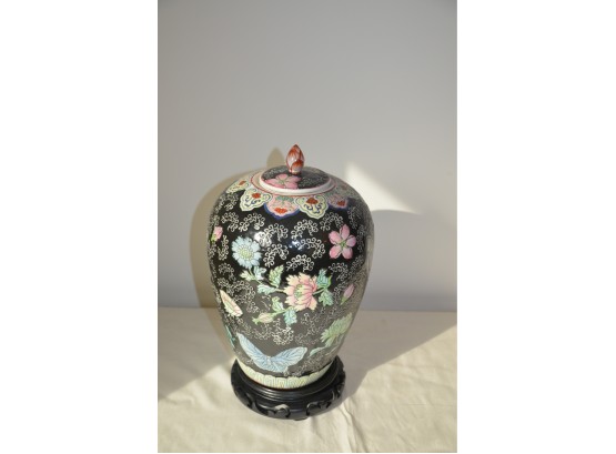 (#32) Ceramic Asian Ginger Jar Floral / Butterfly Design With Stand 12'H 23' Round
