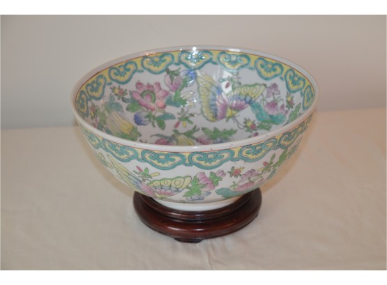 (#26) Porcelain Asian Floral And Butterflies Bowl With Stand 10'Round X 6'H