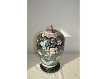 (#32) Ceramic Asian Ginger Jar Floral / Butterfly Design With Stand 12'H 23' Round