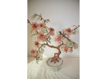 (#16) Vintage Asian Celadon Glass Jade Cherry Blossom Flower Bonsai Tree