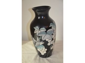 (#17) Ceramic Vase Black Eteched With Bird And Fruit