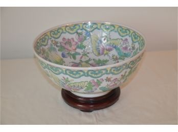 (#26) Porcelain Asian Floral And Butterflies Bowl With Stand 10'Round X 6'H