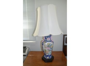 (#66) Blue Asian Floral Ceramic Table Lamp On Wood Base 32'H