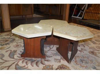 Vintage Octagon Marble Top Wood Base Attached Side Accent Table Set Of 3