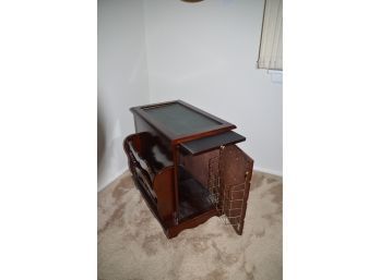 (#75) Side Sofa Magazine Rack Table, Both Side Opens, Pull Out Tray, Faux Green Leather Top