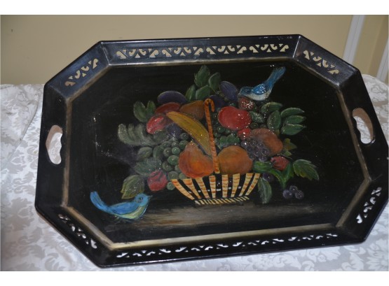 (#38) Vintage Metal Serving Tray With Painted Toile Bowl Of Fruit
