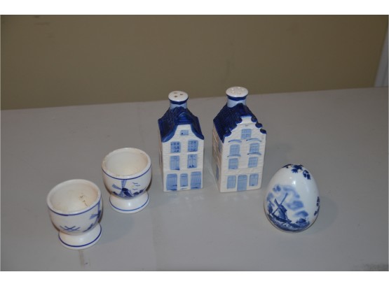 (#20) Blue/white Delft Egg Holder (2), Salt And Pepper House (2) Egg Shape Salt Shaker (1)