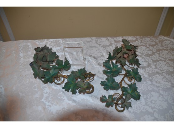 (#41) Vintage Pair Of Metal Grape Leave Wall Hanging Candle Holders