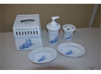 (#17) LaMont Blue / White Bathroom Set (tissue Box, 2 Soap Dishes, Toothbrush Holder, Soap Dispenser