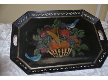 (#38) Vintage Metal Serving Tray With Painted Toile Bowl Of Fruit
