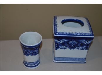 (#18) Blue/white Ceramic Tissue Box Cover And Cup