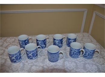 (#28) Blue/white Ceramic (9) Japanese Mugs 4 Different Designs