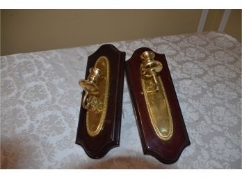 (#47) Pair Of Wall Mounted Candleholders Brass On Mahogany